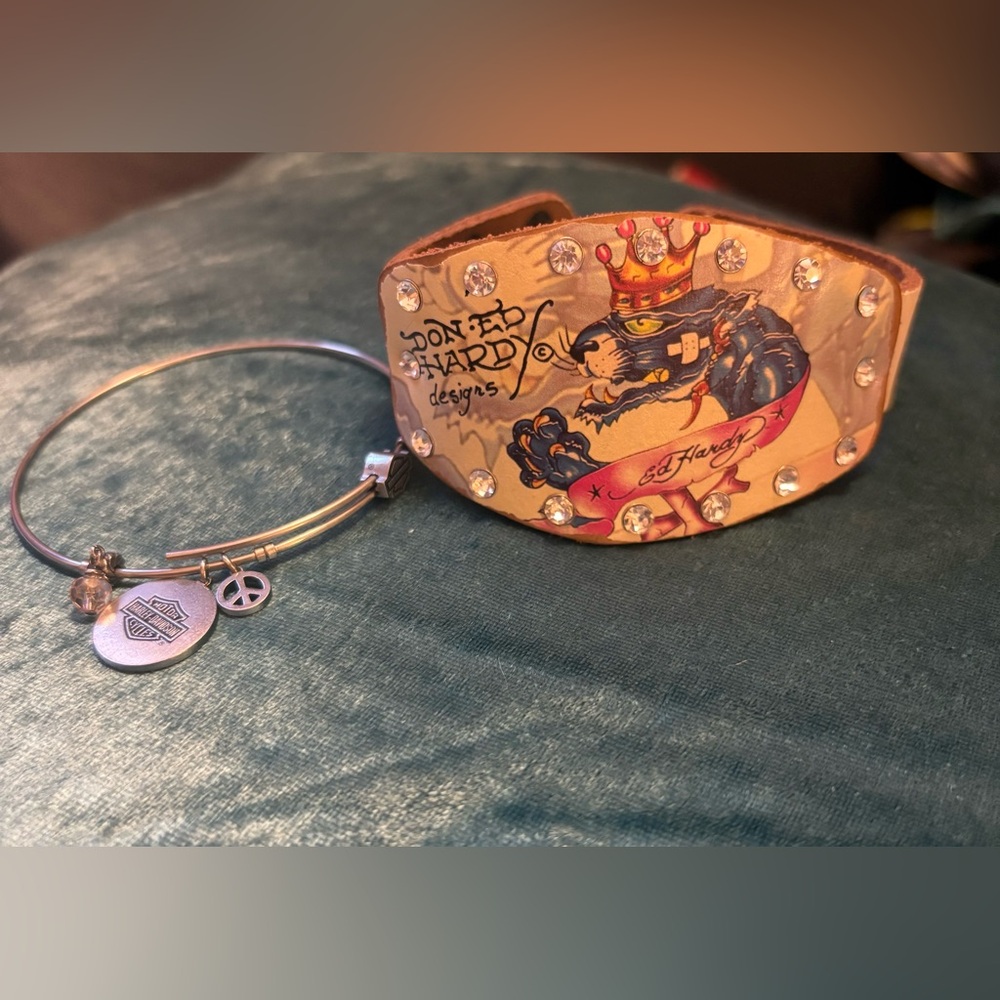 Lot of Vintage Jewelry; Harley Davidson and Ed Hardy Bracelets